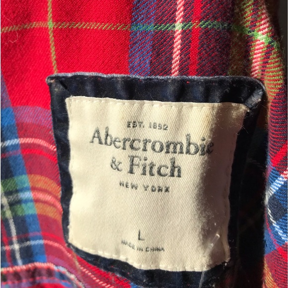 🍁Abercrombie&Fitch Red Plaid CottonFlannel Perfect Holiday Layering SzL Slimfit - Picture 5 of 11